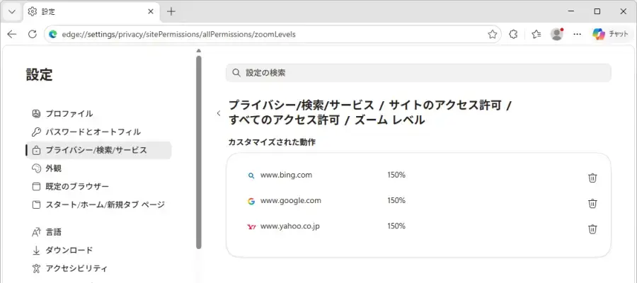 Microsoft Edgeの「ズーム レベル」ページ