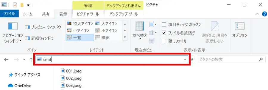 エクスプローラーのアドレスバーに「cmd」と入力しEnterキーを押す