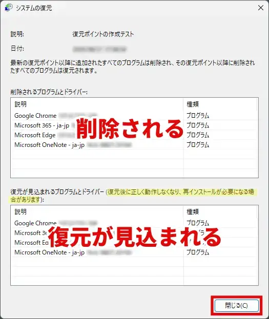 削除されるプログラム等を確認し、閉じるボタンをクリック
